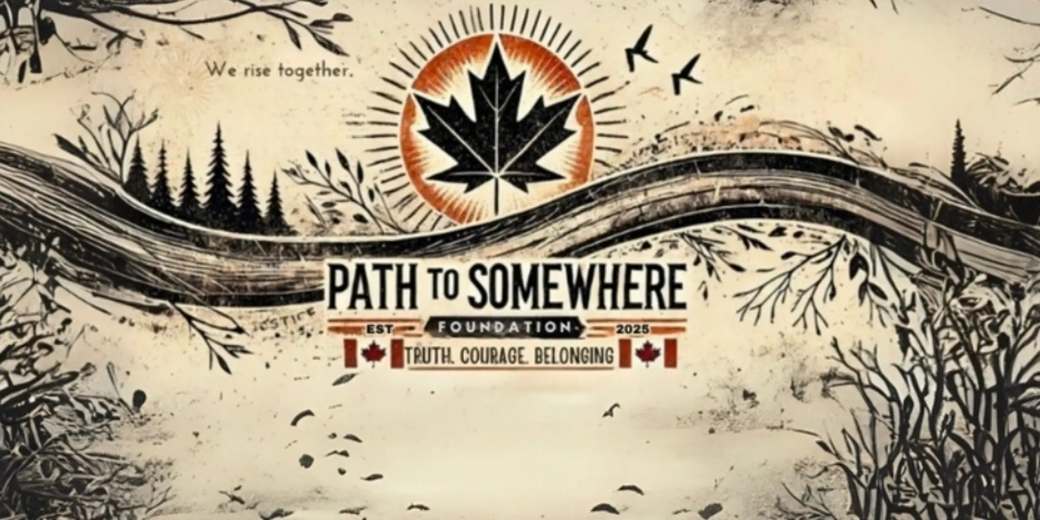 Artistic maple leaf banner with trees, birds, and a winding path.